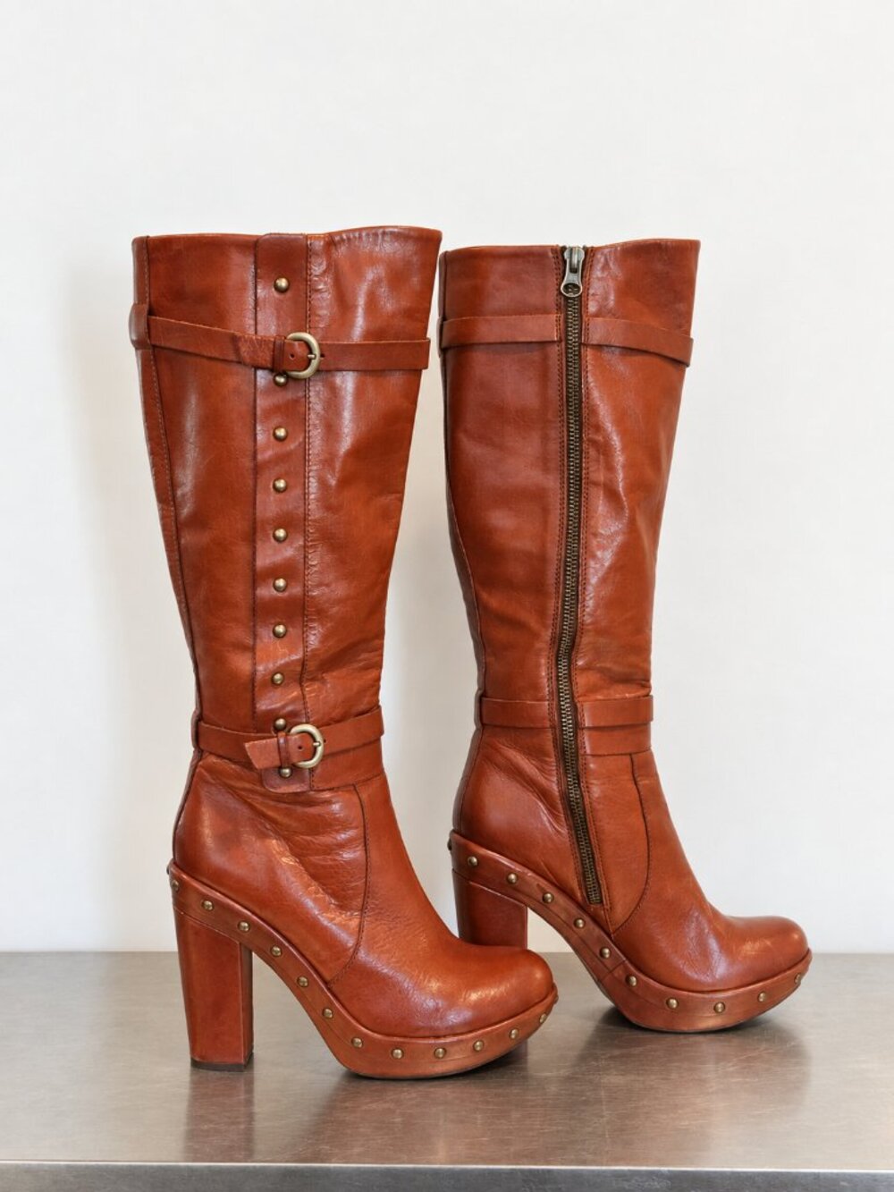70s Inspired Boho Studded Chunky Platform Clog Knee High Boots Kork-Ease 6.5